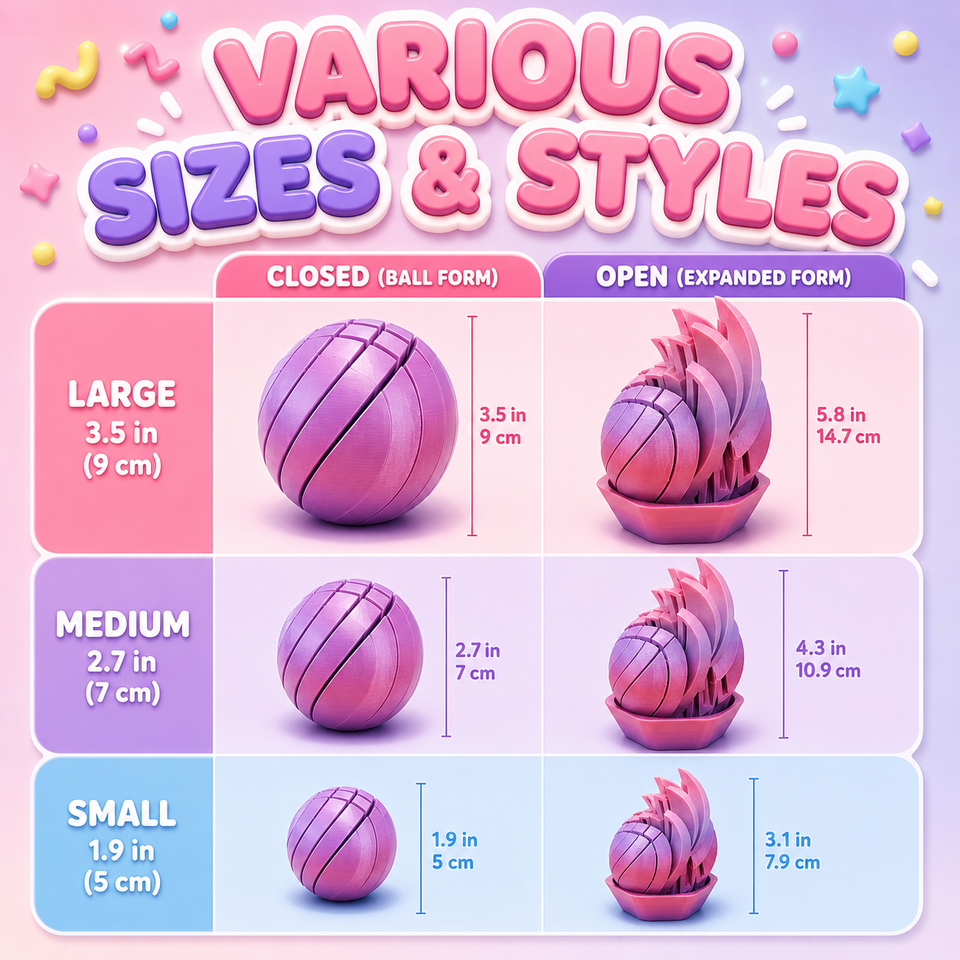 Slime Ball Fidget Toy approximate sizes and styles