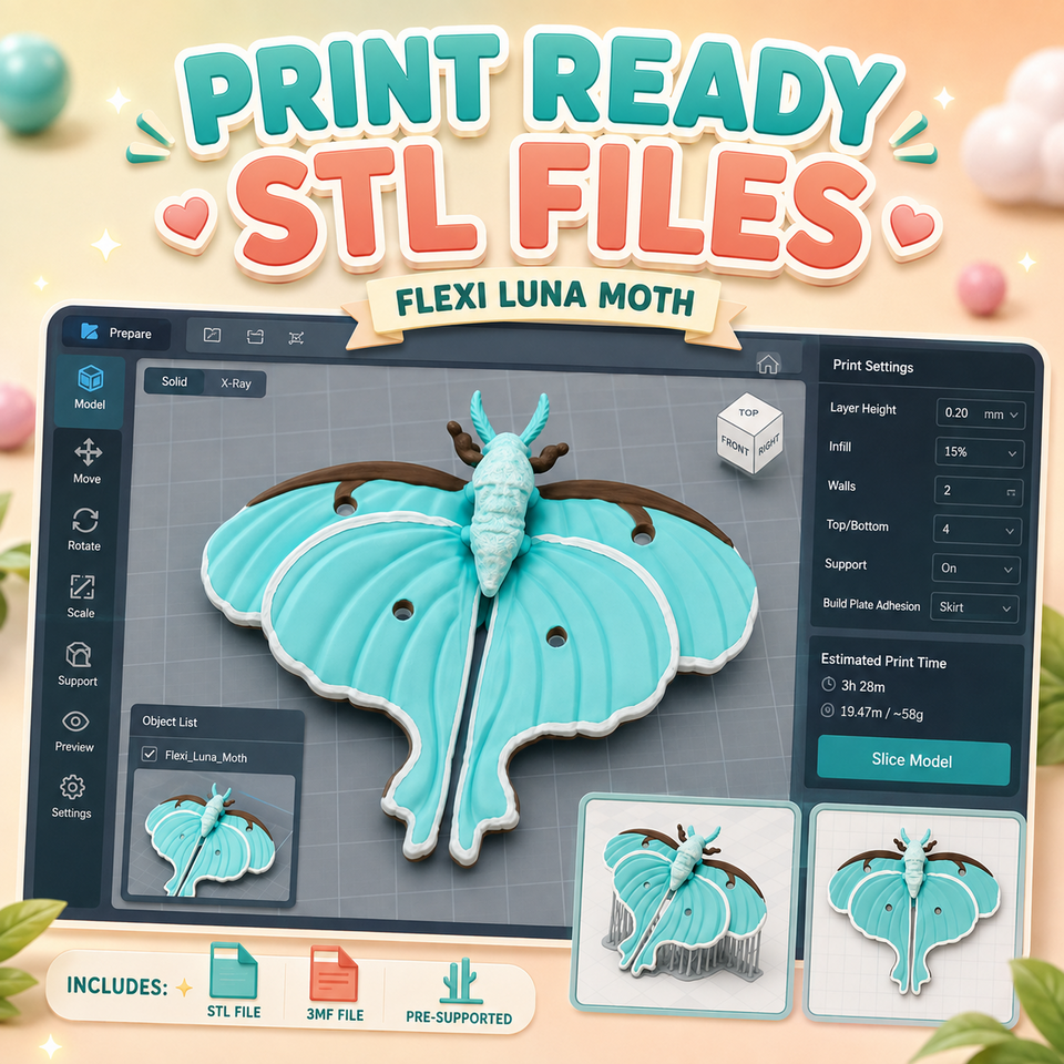 Flexi Luna Moth slicer preview for printable STL and 3MF model