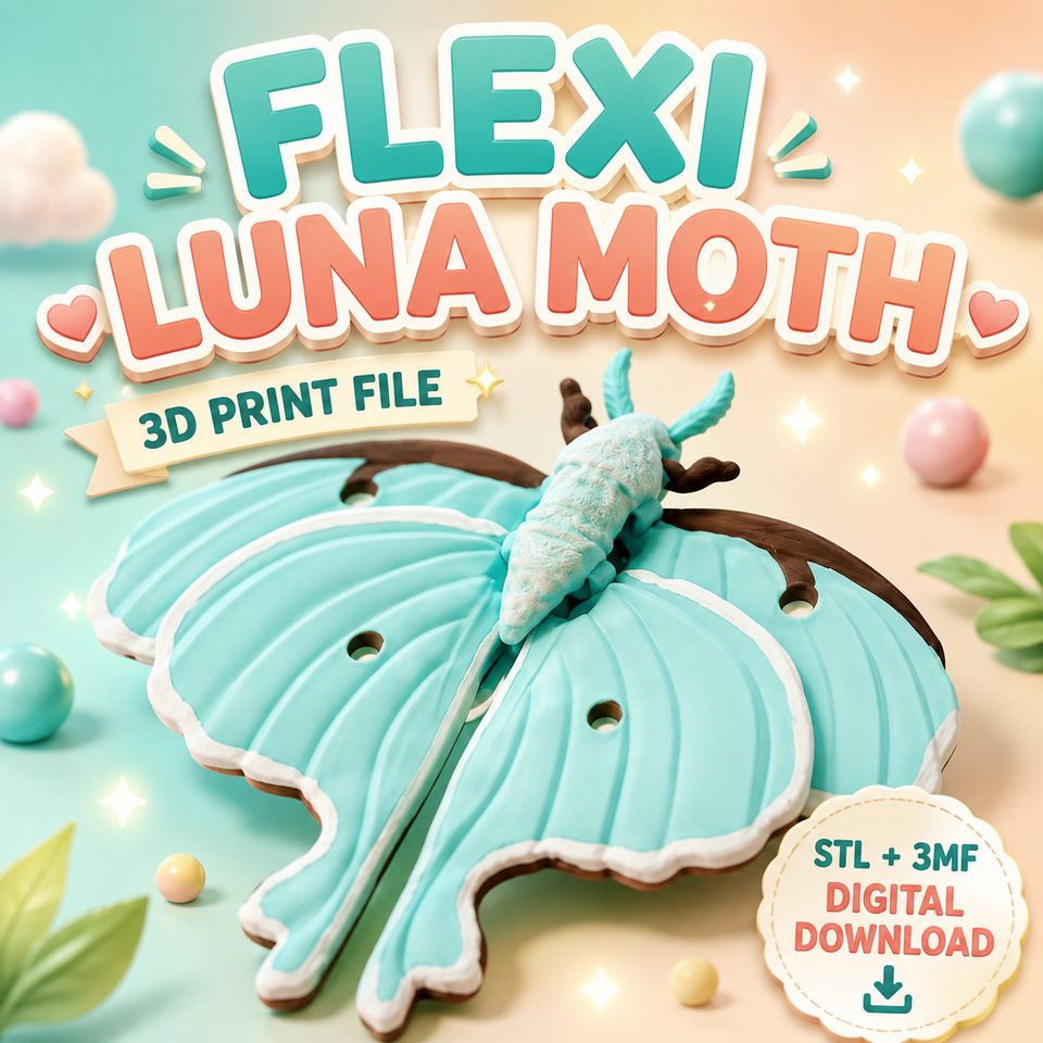 Flexi Luna Moth STL and 3MF digital 3D print model, turquoise articulated moth