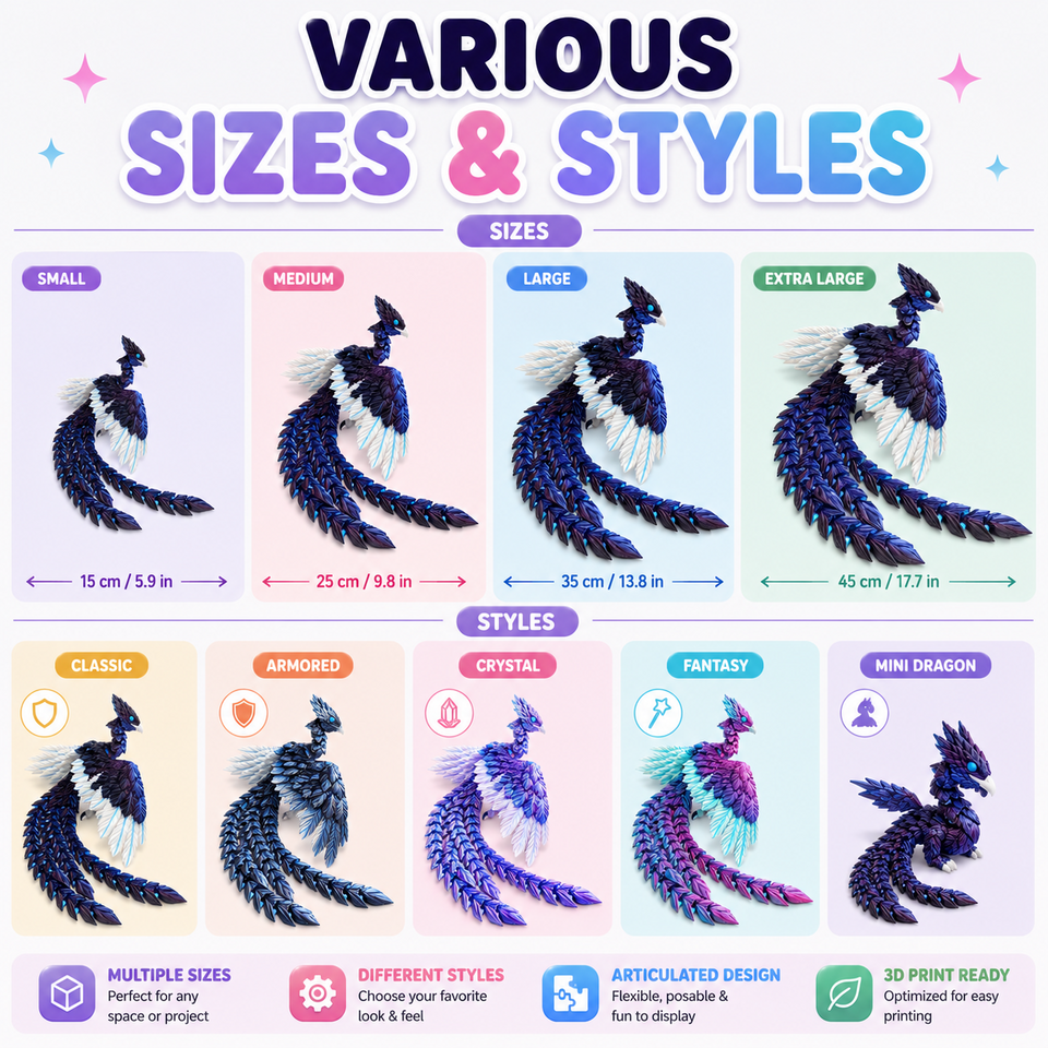 Articulated Phoenix 3D model scaling and style previews