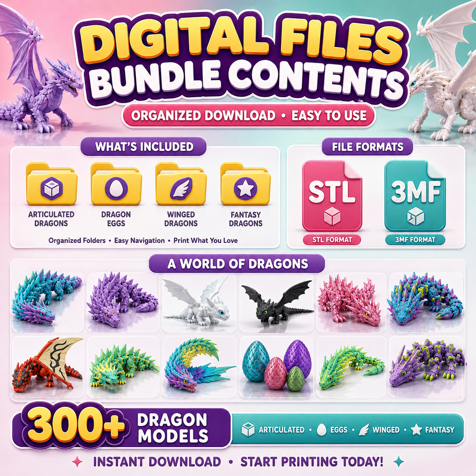 Dragon model bundle content overview with winged dragons fantasy dragons and eggs
