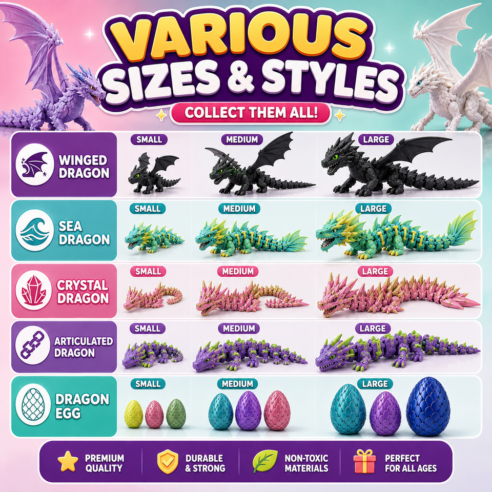 Dragon fantasy model categories and example sizes for 3D printing