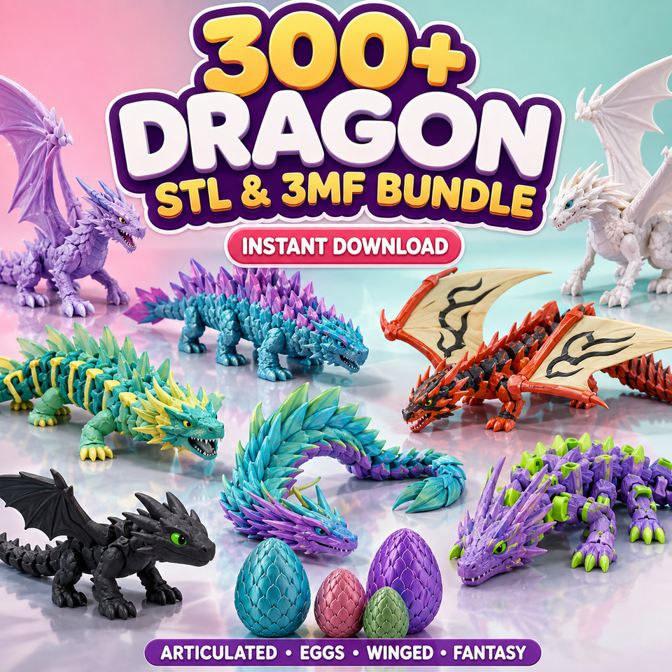300 plus articulated dragons STL and 3MF pack cover digital download