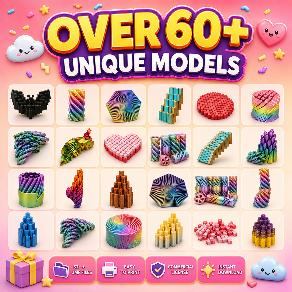 Collection preview of 60+ flexi fidget models for 3D printing