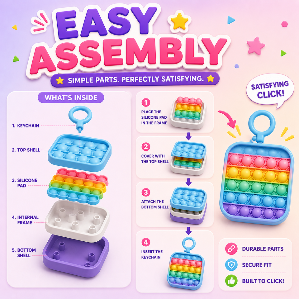 Illustrative clicker keychain fidget assembly overview; actual assembly varies by model