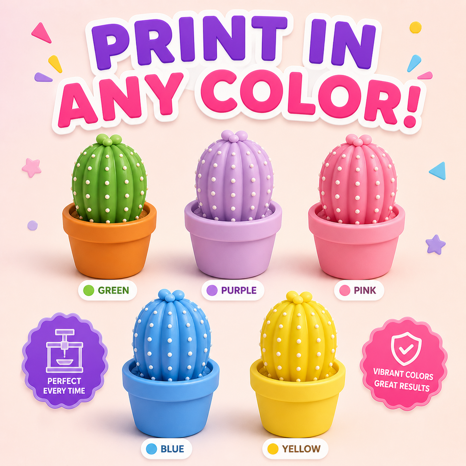 Cactus fidget design shown as an illustration in five possible filament colors
