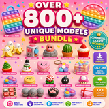 Model overview featuring fidget cubes pop it clickers keychains and themed fidget toys