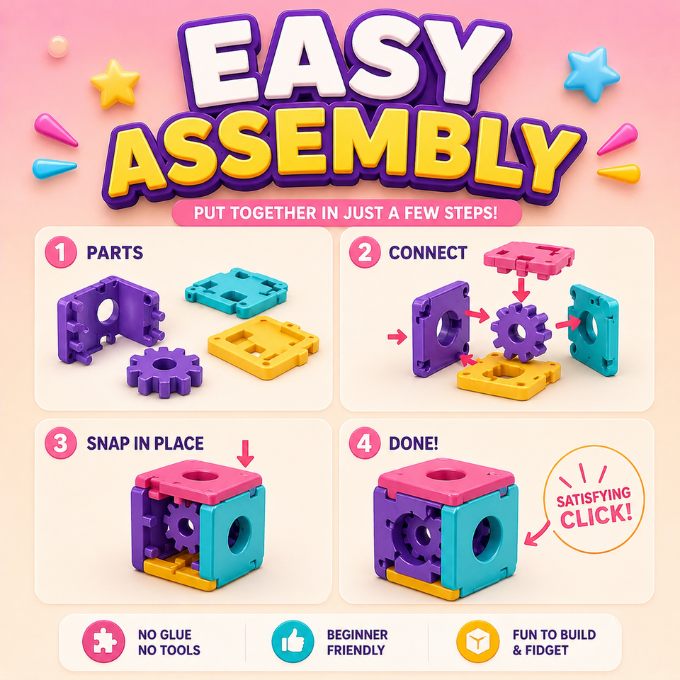 Illustrative cube fidget assembly sequence showing printed components