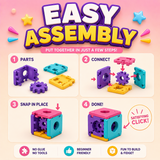 Illustrative cube fidget assembly sequence showing printed components