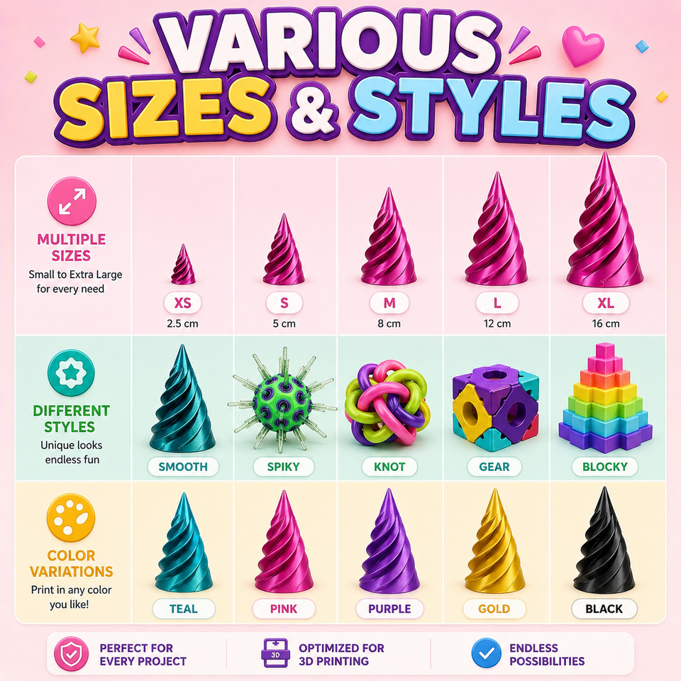 Illustrated variety of sizes styles and colors for fidget STL designs