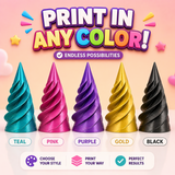 Five colored spiral 3D printed fidget samples in teal pink purple gold and black